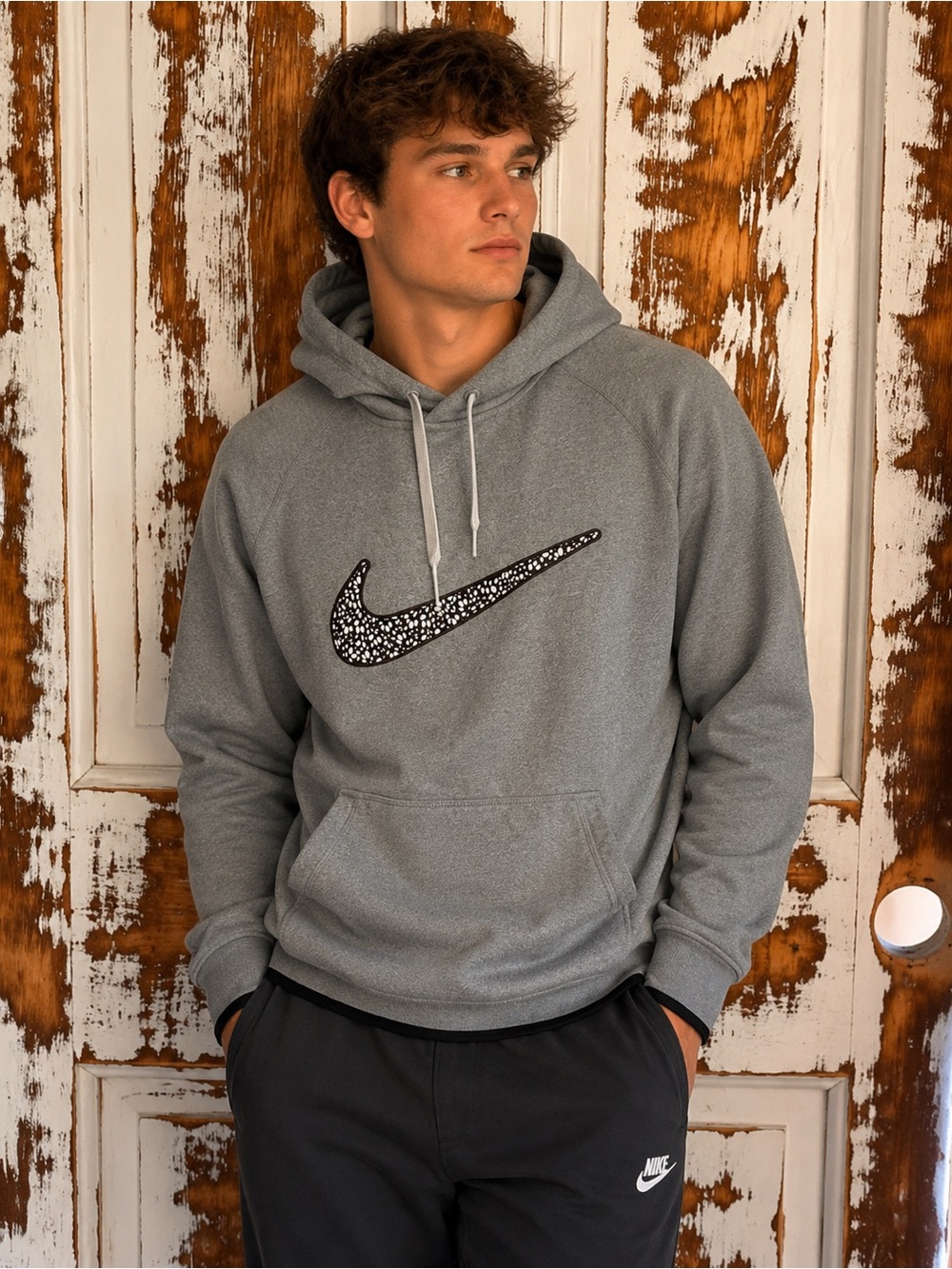 Nike Therma-Fit Grey Pullover Hoodie with Speckled Swoosh and Thumb Holes